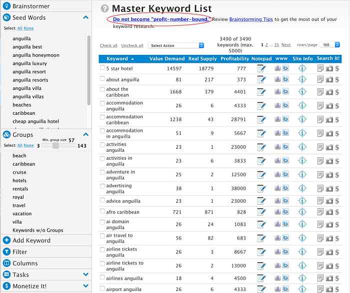 Solo Build It! Keyword Brainstorm, Research and Master Keyword List screenshot