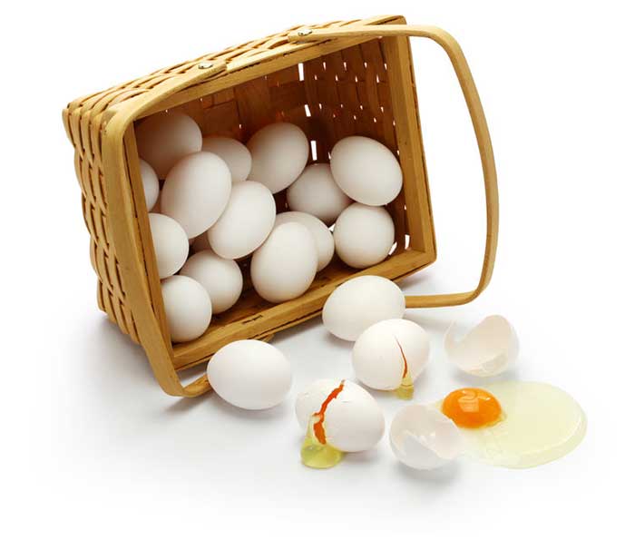 Basket of eggs dropped with some broken