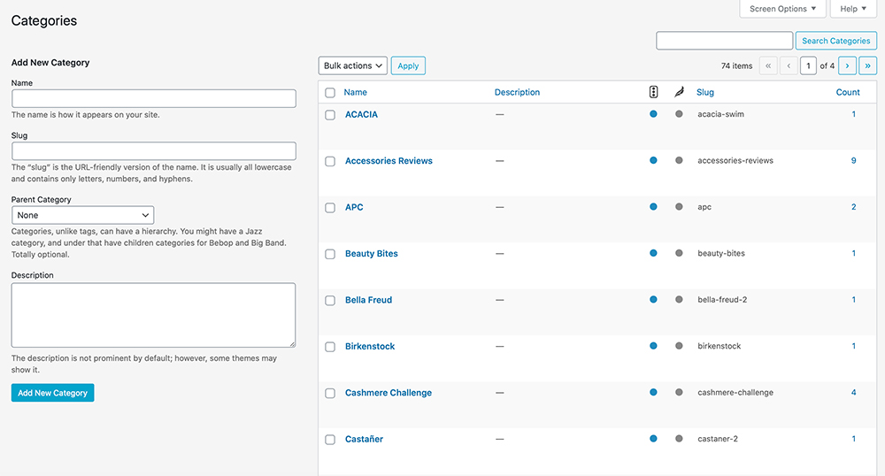 WordPress page categorization screen